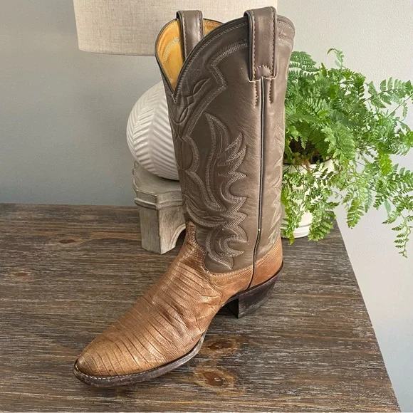 Vtg Justin Lizard Western Cowboy Boots Mens 9 D Brown Tan - Picture 8 of 15